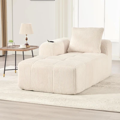 Bequemes Cordsofa mit Rückenlehne, seitlichen Aufbewahrungstaschen für Fernbedienung und Handy, eingebauter Getränkehalter, 158X93X61 cm, Beige