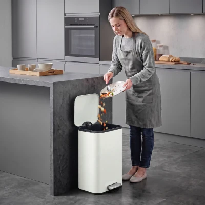 HOMCOM Metal Pedal Bin 20L Removable Soft-Close Cream White
