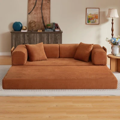 Knochenloses modulares Sofa, umbaubar in ein Bett, umfasst 2 Polster und einen Stahlrahmen, 204L x 97B x 65H cm,Terrakotta