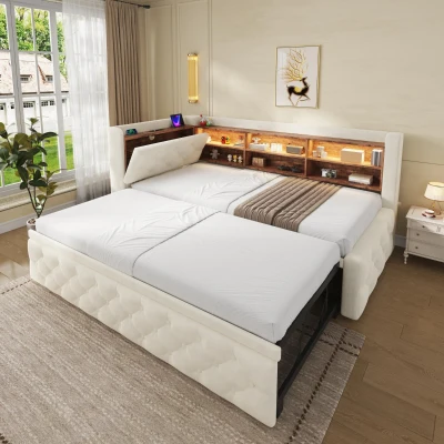 Bettgestell einziehbares Samtsofa 90x190 cm, mit Stauraum, LED-Licht, USB und Typ-C, 211 × ( 91~181) × 84 cm,Beige