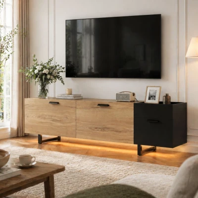 Moderner TV-Schrank, offene Fächer, große Schubladen und geschlossener Stauraum, 180L x 38B x 33H cm, Schwarz
