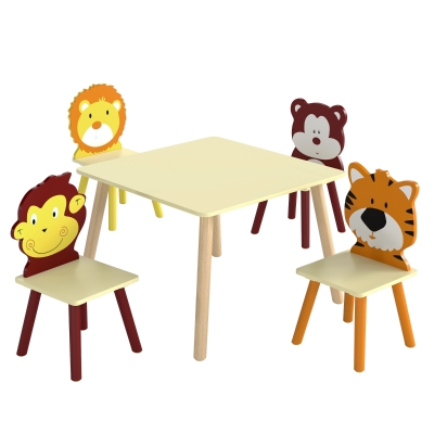 AIYAPLAY Ensemble Table 4 Chaises Bois Jaune 5 Pièces Enfant 3-8 Ans