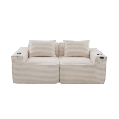 Modulares Doppelsitz-Cordsofa mit Becherhaltern und Seitentaschen, Federkern und hochdichtem Schaumstoff, 188L x 90B x 75H cm, Beige