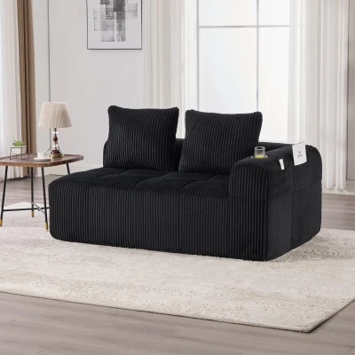 Bequemes Cordsofa mit zwei Sitzern, seitliche Aufbewahrungstasche für Fernbedienung und Handy, eingebauter Getränkehalter, 158X93X61 cm, Schwarz