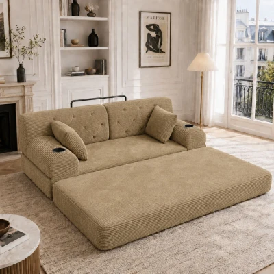 Doppeltes komprimiertes Cordsofa, Metallrahmen, 2 Becherhalter und 4 Seitentaschen, 168L x 80B x 81H cm, Khaki