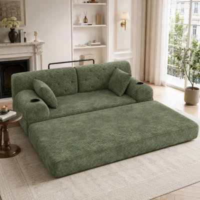 Doppeltes komprimiertes Cordsofa, Metallrahmen, 2 Becherhalter und 4 Seitentaschen, 168L x 80B x 81H cm,Grün
