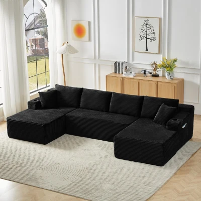 Modulares U-förmiges rahmenloses Cordsofa，mit tiefem Sitzdesign, geeignet für Wohnzimmer, 339L x 168B x 64H cm, Schwarz