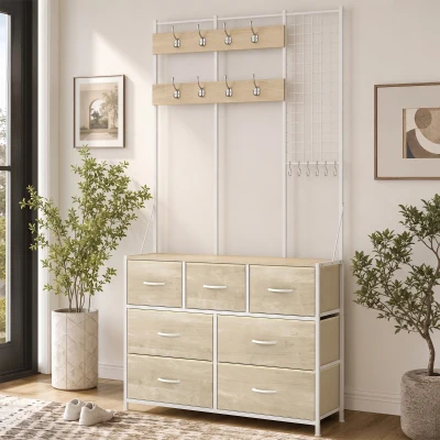 HOMCOM Perchero 4 en 1, Mueble de Entrada con 7 Cajones Plegables de Tela, 14 Ganchos y Panel Rejilla, Roble