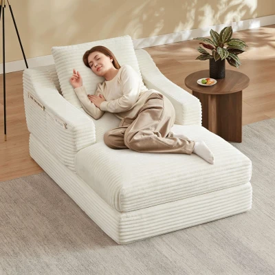 Knochenloses Cord-Freizeitsofa, doppellagiges Design, kann in ein Bett gefaltet werden, 100L x 160B x 64H cm,Weiß
