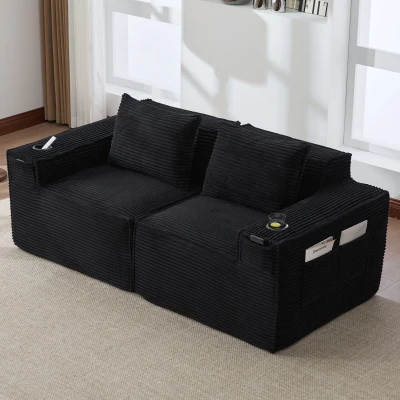 Modulares Doppelsitz-Cordsofa mit Becherhaltern und Seitentaschen, Federkern und hochdichtem Schaumstoff, 188L x 90B x 75H cm, Schwarz