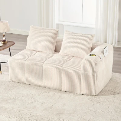 Bequemes Cordsofa mit zwei Sitzern, seitliche Aufbewahrungstasche für Fernbedienung und Handy, eingebauter Getränkehalter, 158X93X61 cm, Beige