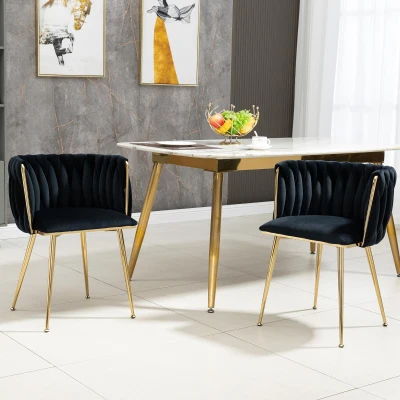 Samt-Esssessel mit goldenen Metallbeinen, elegantes handgewebtes Design, 55,5x41x74 cm, Schwarz