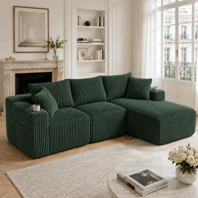 Modulares Sofaset mit Liegestühlen und Doppelbetten, 5 Kissen und 2 Getränkehaltern，257X160X62 cm, Smaragdgrün