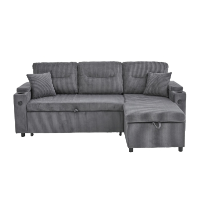 Modernes Cordsofa für drei Personen, mit Stauraum, Getränkehalter und USB-C-Anschluss, 212,5L x 136B x 86H cm, Carbongrau