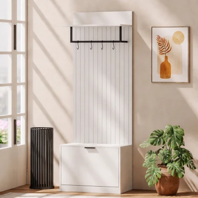 HOMCOM Porte-Manteau 5en1 Banc Chaussures Tiroir Étagères Blanc