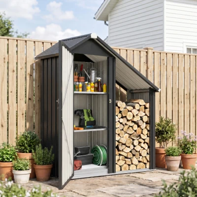 Outsunny Firewood Shed & Tool Cabinet Galvanised Steel Dark Grey