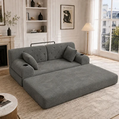 Doppeltes komprimiertes Cordsofa, Metallrahmen, 2 Becherhalter und 4 Seitentaschen, 168L x 80B x 81H cm, Dunkelgrau
