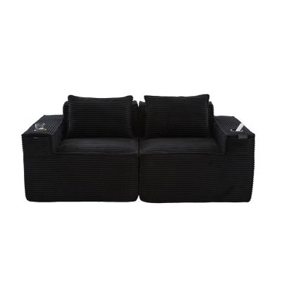 Modulares Doppelsitz-Cordsofa mit Becherhaltern und Seitentaschen, Federkern und hochdichtem Schaumstoff, 188L x 90B x 75H cm, Schwarz