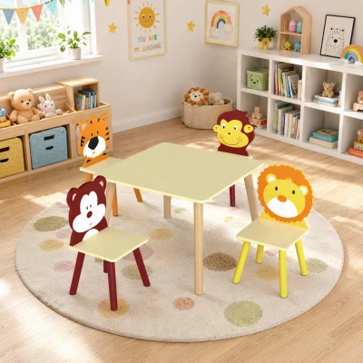 AIYAPLAY Ensemble Table 4 Chaises Bois Jaune 5 Pièces Enfant 3-8 Ans