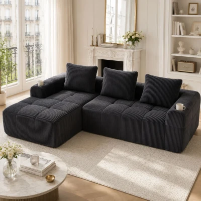 Cord-Kombinationssofa mit 3 Kissen, Seitentaschen und Getränkehaltern, 253L x 158B x 61H cm, Dunkelgrau