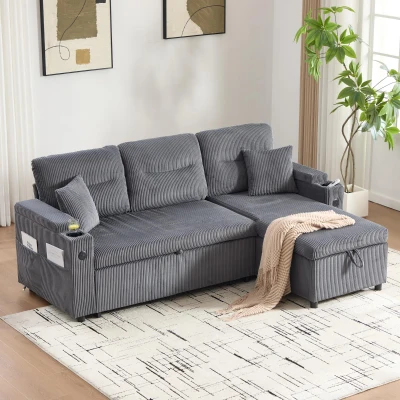 Modernes Cordsofa für drei Personen, mit Stauraum, Getränkehalter und USB-C-Anschluss, 212,5L x 136B x 86H cm, Carbongrau