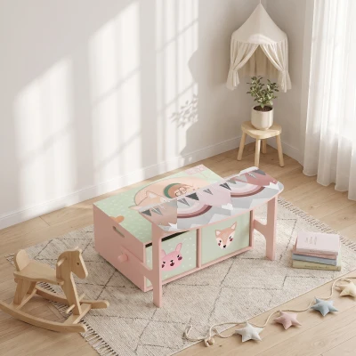 AIYAPLAY Coffre à Jouet 3 en 1 Table Chaises 2 Bacs Tissu Rose