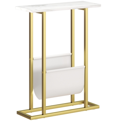 HOMCOM Narrow Side Table with Magazine Holder White Marble