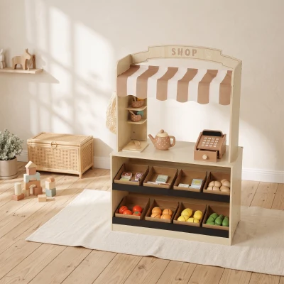 AIYAPLAY Marchande Bois Enfants avec Caisse et 61 Accessoires