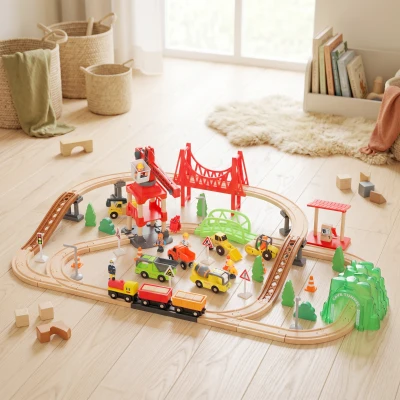 AIYAPLAY Train Bois 91 Pièces Grue Rails Enfants 3+ Multicolore