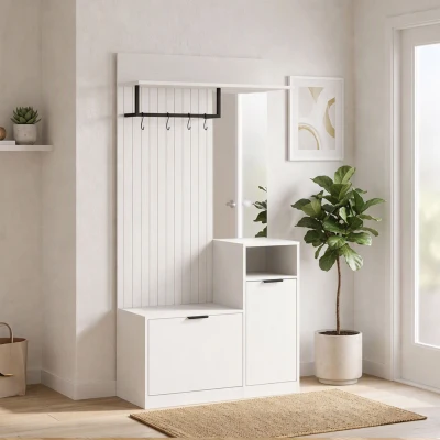 HOMCOM Porte-Manteau Banc à Chaussures Miroir Tiroir Blanc