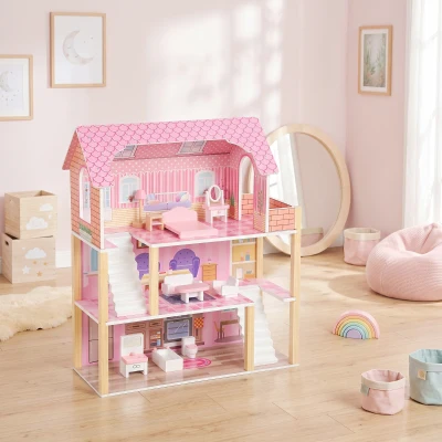 AIYAPLAY Maison de Poupée Bois 3 Étages Rose avec Accessoires