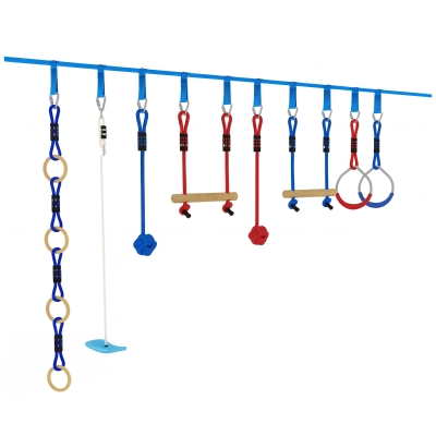 AIYAPLAY Ninja Line Kinder 10m 9-teilig Slackline Set mit 2 Turnringe 3-in-1 Schaukel 2 Kletterstange für 3-8 Jahre Mehrfarbig