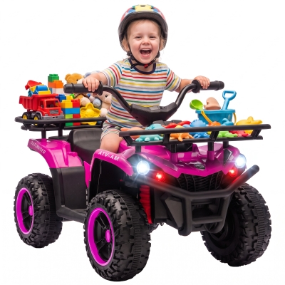 AIYAPLAY Quad Elétrico Infantil 12V com 2 Motores, Bateria de Lítio, 2 Cestos e MP3, Rosa, 3-8 Anos