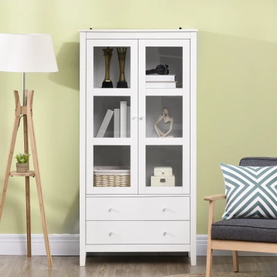 HOMCOM Vitrina de Salón Aparador de Cocina con 2 Puertas de Vidrio 3 Estantes 2 Cajones para Comedor Oficina 80x40x160cm Blanco