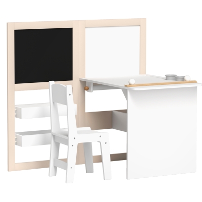 AIYAPLAY Mesa Infantil con Silla y Caballete Plegable Mesa para Niños de +3 Años con Estantes y Rollo de Papel Blanco
