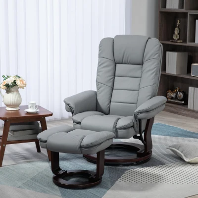 HOMCOM Relaxsessel mit Hocker, Liegesessel, drehbar, neigbare Lehne, Lederoptik, bis 130 kg, Grau