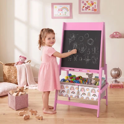 AIYAPLAY Cavalete Infantil 3 em 1 Dupla Face, Quadro Negro e Quadro Branco, Rolo de Papel, Cestos, Prateleira, 3-8 Anos, Rosa
