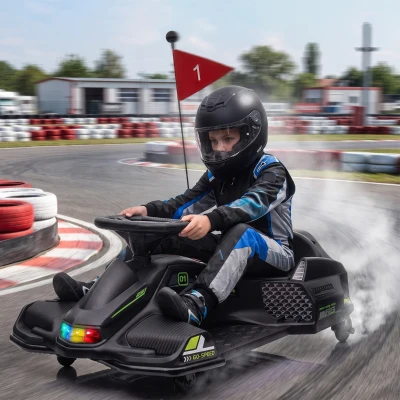 HOMCOM Elektrisches Go-Kart für Kinder, Gummiräder, 3-8 km/h, mit Lichtern und Musikfunktion, Schwarz