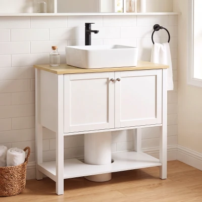 HOMCOM Móvel Inferior para Lavatório com Prateleira Aberta e 2 Portas, para Lavatório com ou sem Coluna, 80 x 40 x 80 cm, Branco