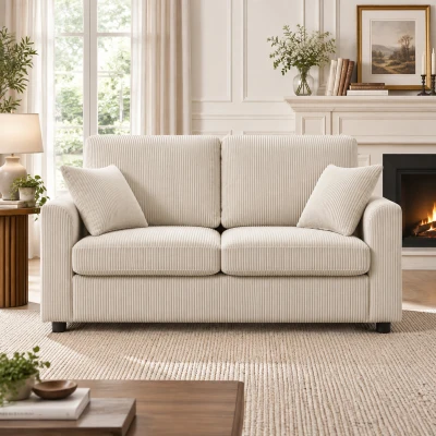 HOMCOM 2-Seater Corduroy Sofa Spring Cushion Beige