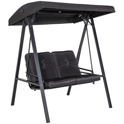 Outsunny Hollywoodschaukel, 2-Sitzer Gartenschaukel mit verstellbarem Dach, bis 220 kg belastbar, 145 x 116 x 172 cm, Schwarz