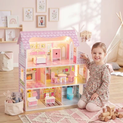 AIYAPLAY Casa de Bonecas em Madeira de 3 Andares com Luzes LED, Varanda e 8 Móveis, Rosa, 3-6 Anos