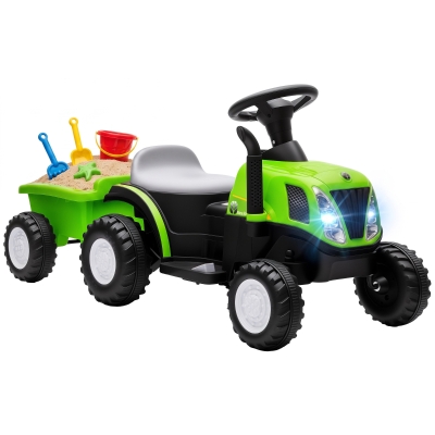 AIYAPLAY Trator Elétrico para Crianças 6V com Reboque Amovível, Luzes, Música, Buzina e Pedal, 2,5 km/h, Verde, 1-3 Anos