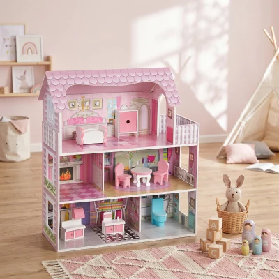 AIYAPLAY Maison de Poupée Bois 3 Niveaux LED 8 Meubles Rose
