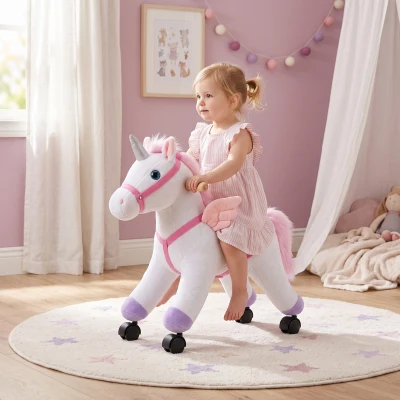 AIYAPLAY Cavalinho de Montar com Rodas em Peluche, Sons de Cascos e Relinchos, 18-36 Meses, 50 kg, Branco