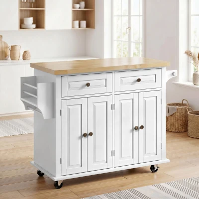 HOMCOM Îlot Cuisine Blanc 111x44,5x82,5cm Roulettes Hévéa