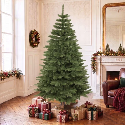 HOMCOM Künstlicher Weihnachtsbaum 180 cm, Edeltanne, voll mit Klappästen, 961 Spitzen, faltbarer Holzständer, Grün
