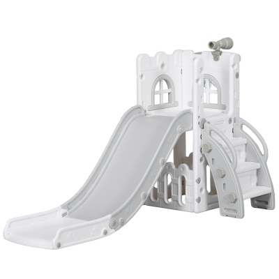 AIYAPLAY Escorrega Infantil 5 em 1 para Crianças com Cesto de Basquetebol Telescópio Escalador e Cesta Inferior 70x177x92 cm Branco e Cinza