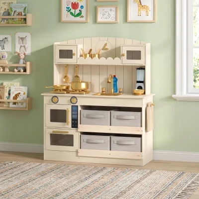 AIYAPLAY Cuisinette Bois Lumières Sons 4 Paniers Évier Crème