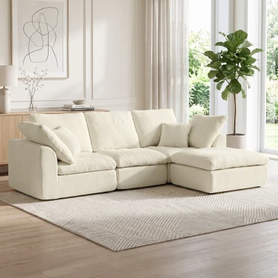 HOMCOM Modulares Ecksofa mit wendbarer Ottomane, wolkenweiches Chenille-Sofa in L-Form, breite Sitzfläche, cremeweiß